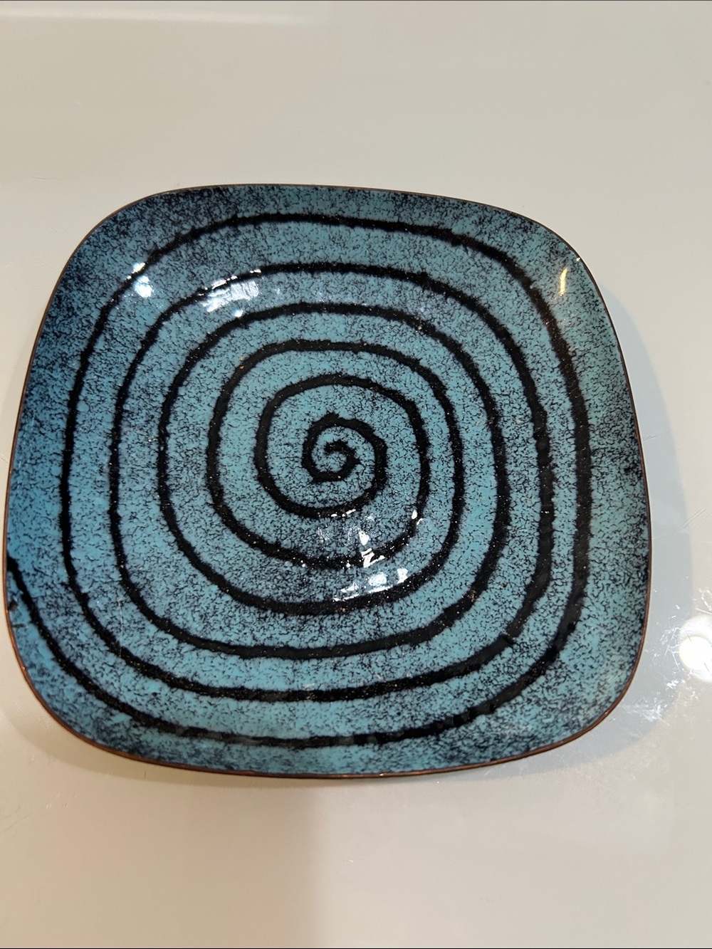 Vintage MCM Handcrafted blue and black  Spiral enamel on copper trinket dish